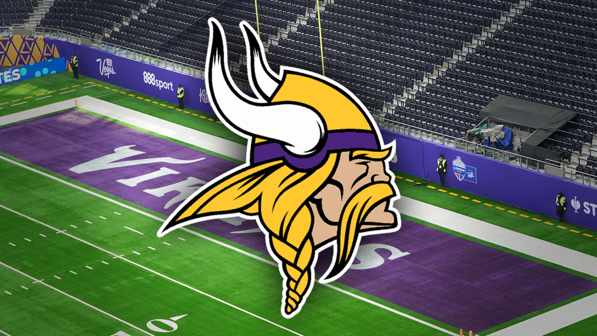 The Minnesota Vikings logo in the end zone at Tottenham Hotspur Stadium.