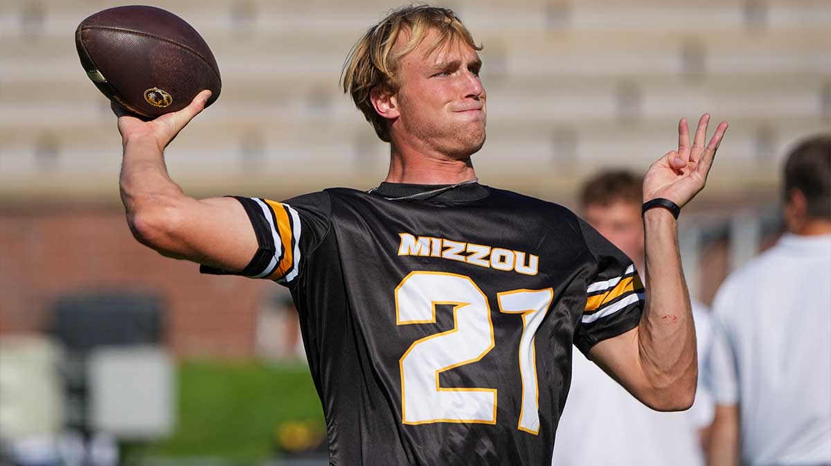 Missouri Tigers quarterback Sam Horn (21) warms up against the Central Arkansas Bears prior to a game at Faurot Field at Memorial Stadium.