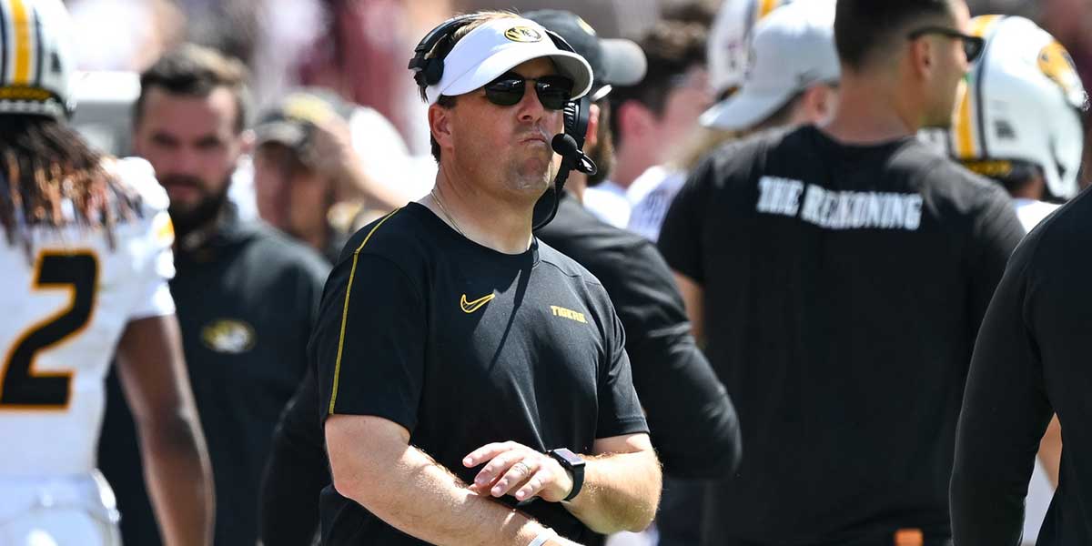 Missouri Tigers head coach Eli Drinkwitz looks on In the third quarter against the Texas A&M Aggies at Kyle Field.
