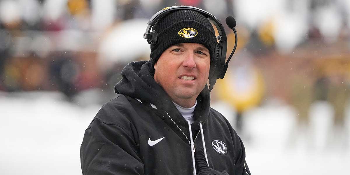 Missouri Tigers head coach Eli Drinkwitz watches play against the Arkansas Razorbacks during the first half at Faurot Field at Memorial Stadium.