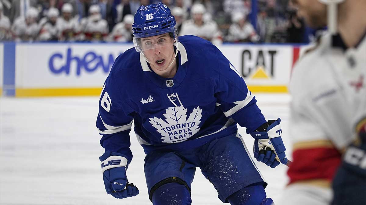 Toronto Maple Leafs forward Mitch Marner (16) skates against the Florida Panthers during the third period of game five of the second round of the 2025 Stanley Cup Playoffs
