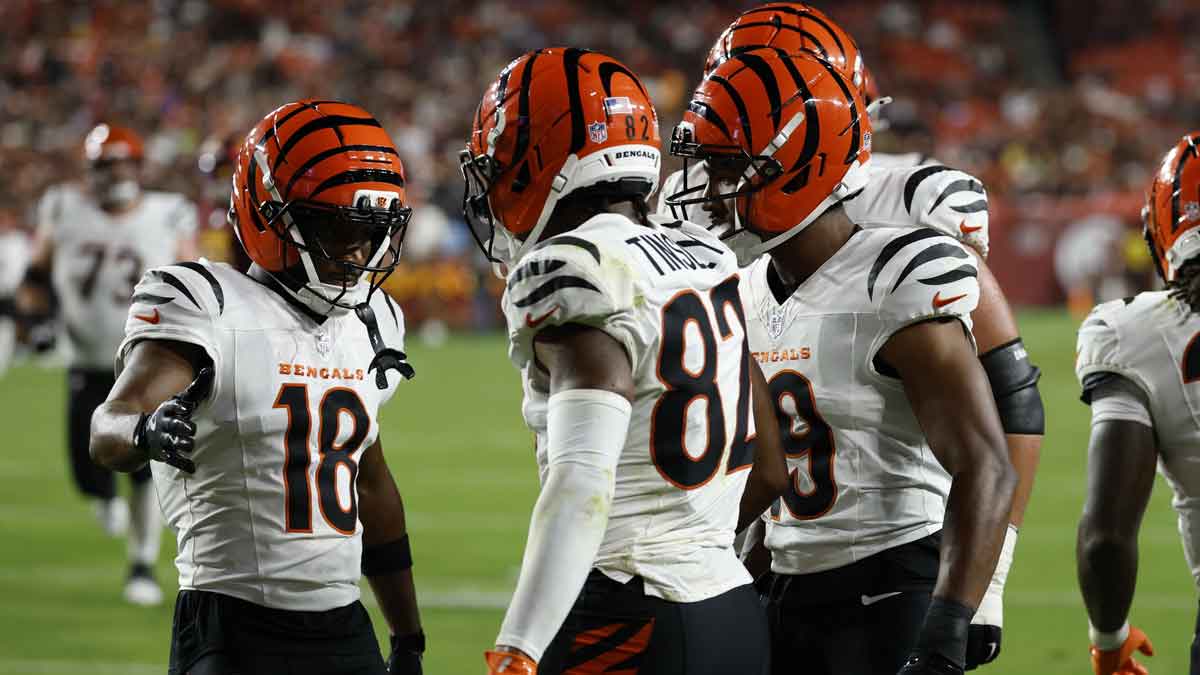 Cincinnati Bengals wide receiver Mitchell Tinsley (82) celebrates with teammates after scoring a touchdown against the Washington Commanders during the second quarter at Northwest Stadium. Mandatory Credit: Geoff Burke-Imagn Images