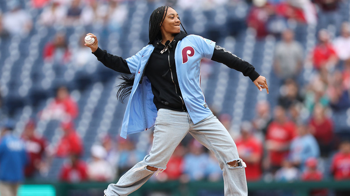 Mo'ne Davis throws out a first pitch before action between the Philadelphia Phillies and the Colorado Rockies at Citizens Bank Park.