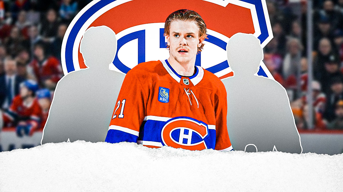 Kaiden Guhle with two mystery players and the Canadiens logo in the background, NHL breakout canidates