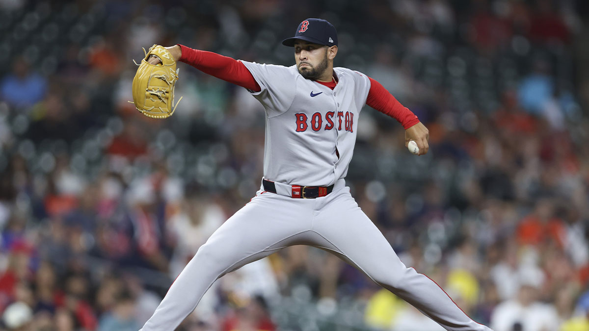 Boston Red Sox relief pitcher Jovani Moran (47) delivers a pitch during the eighth inning against the Houston Astros at Daikin Park.