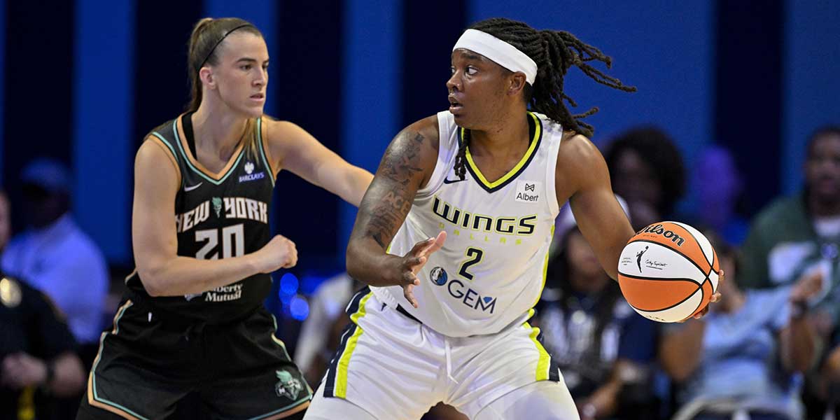 New York Liberty guard Sabrina Ionescu (20) and Dallas Wings forward Myisha Hines-Allen (2) in action during the game between the Dallas Wings and the New York Liberty at College Park Center.