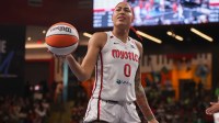 Washington Mystics forward Shakira Austin (0) reacts after a double dribble against the Atlanta Dream in the second quarter at Gateway Center Arena at College Park.