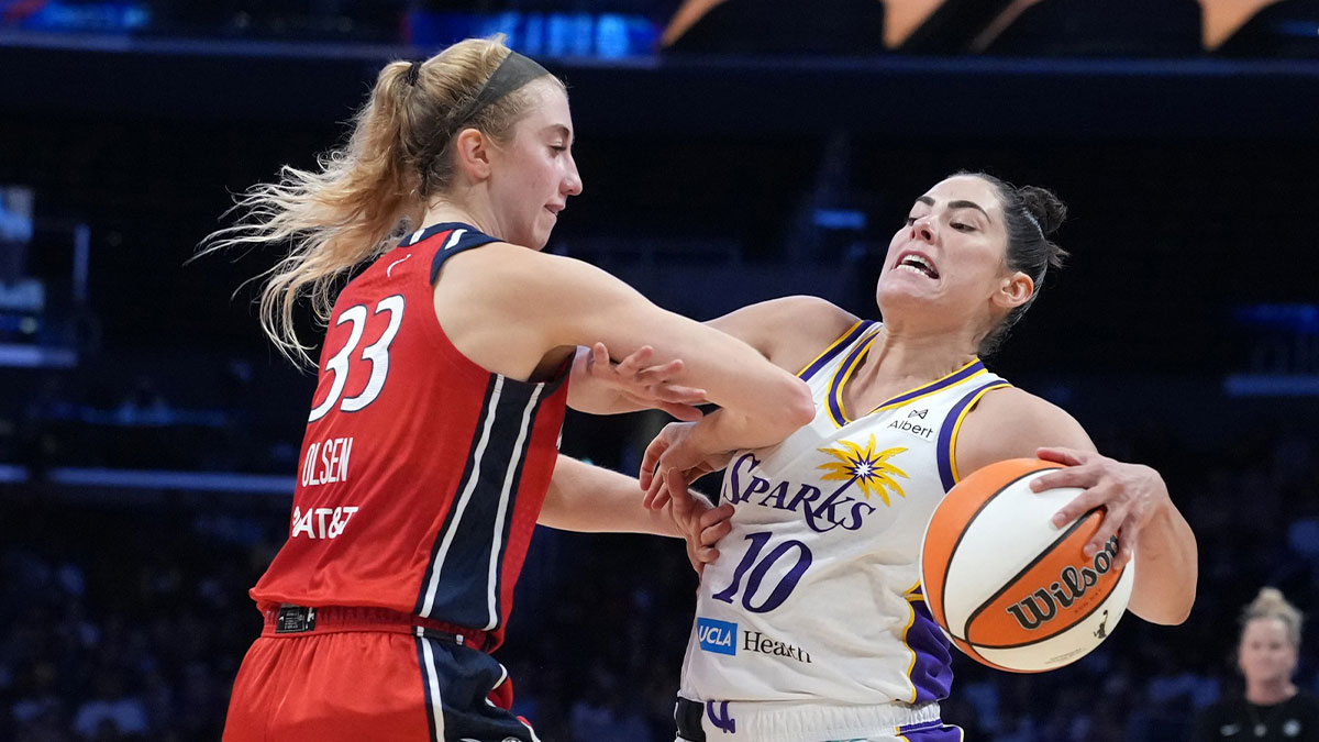 LA Sparks guard Kelsey Plum (10) dribbles against Washington Mystics guard Lucy Olsen (33) in the first half at Crypto.com Arena.