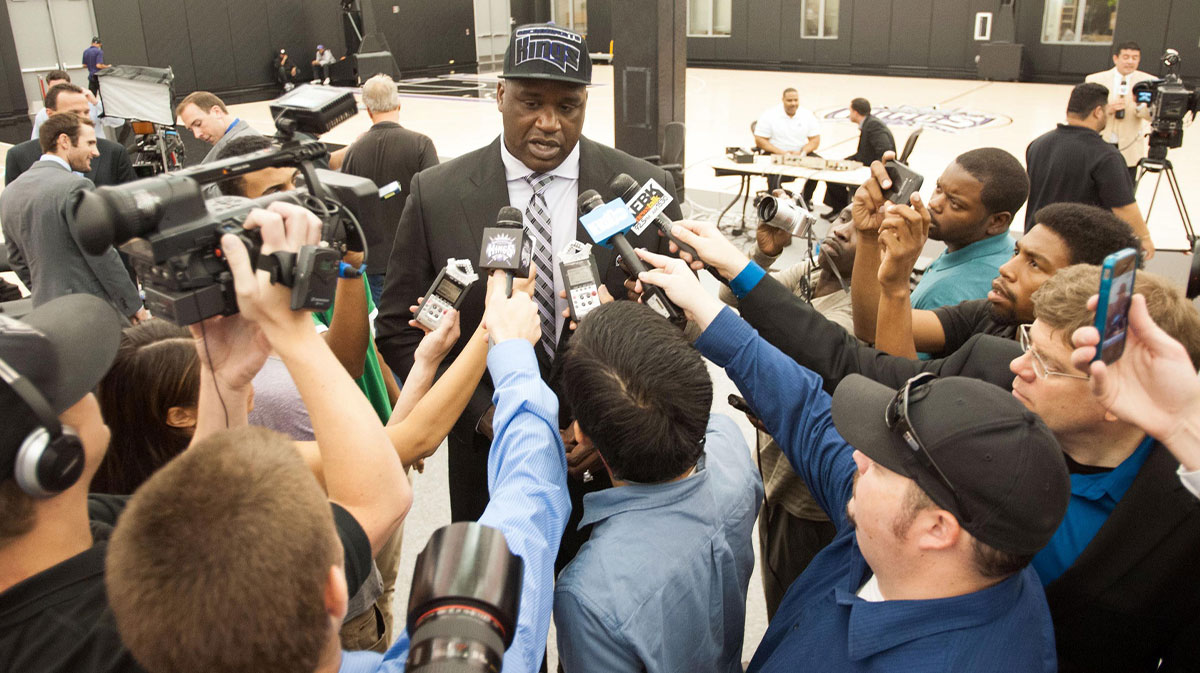 Sacramento Kings minority owner Shaquille O'Neal talks to the media after the press conference at Kings Practice Facility.