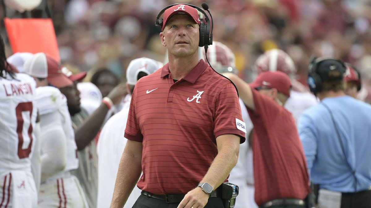 Alabama Crimson Tide head coach Kalen DeBoer looks on against the Florida State Seminoles during the second half at Doak S. Campbell Stadium.
