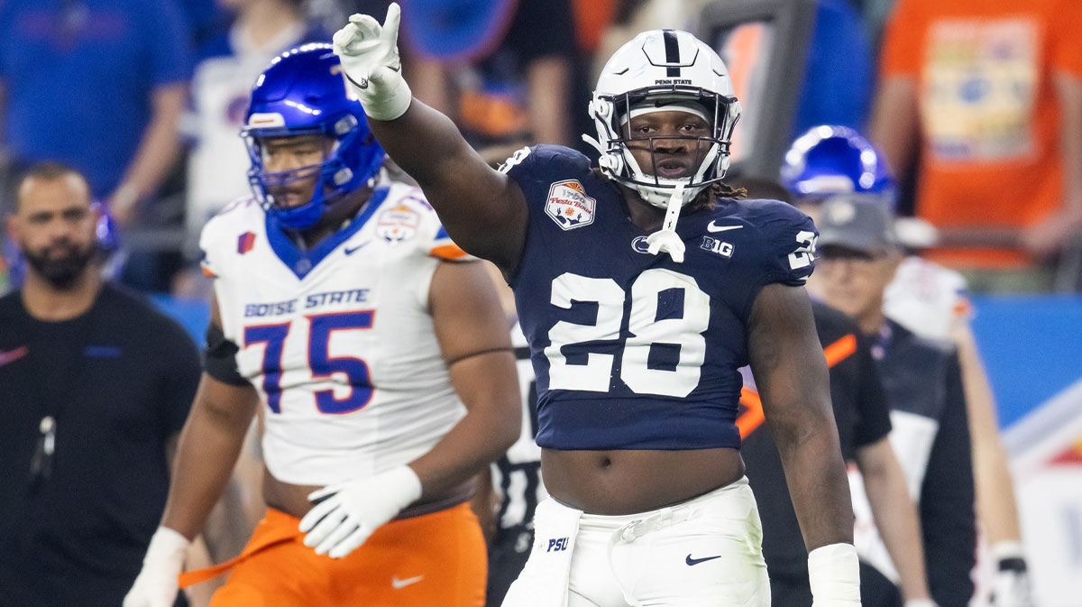 Penn State Nittany Lions defensive tackle Zane Durant (28) celebrates a play against the Boise State Broncos during the Fiesta Bowl at State Farm Stadium.