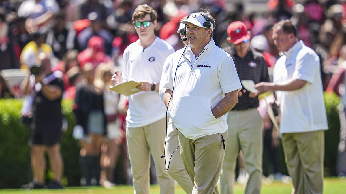 Georgia Bulldogs head coach Kirby Smart shown during the Georgia Spring game at Sanford Stadium.