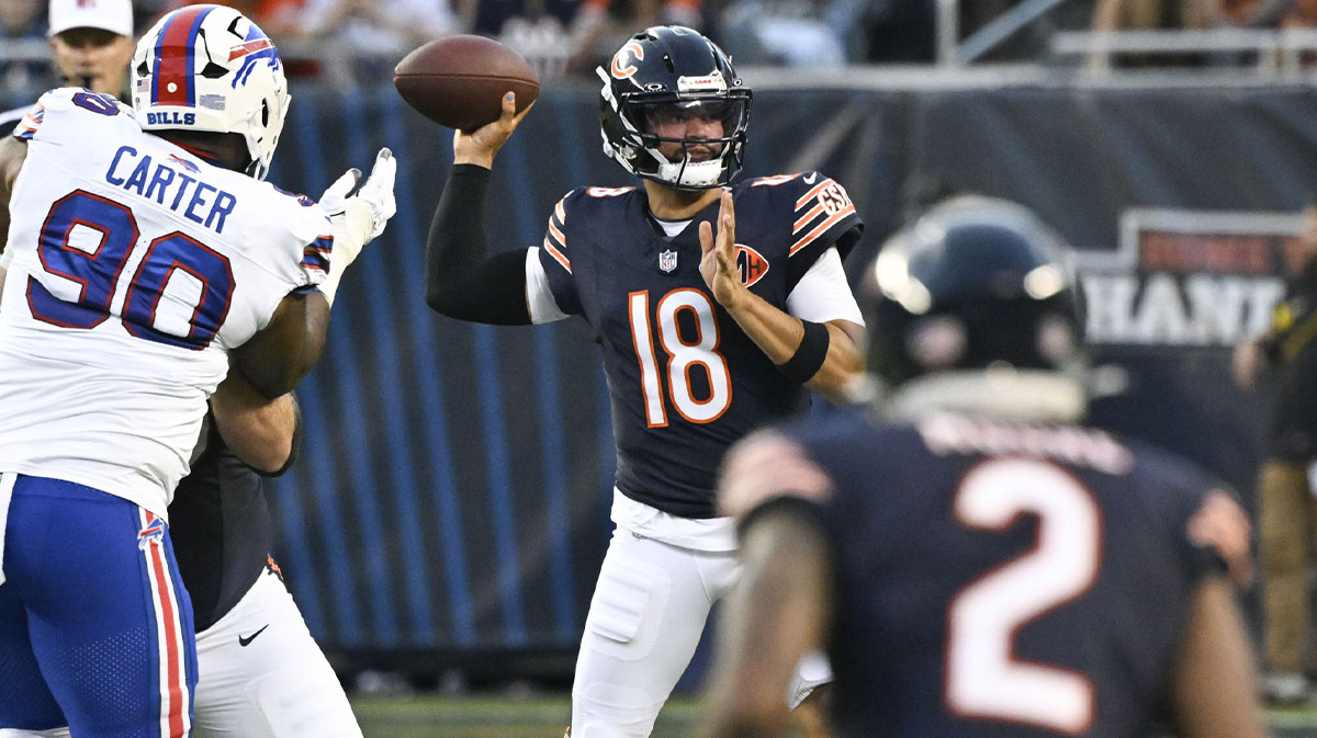 Chicago Bears quarterback Caleb Williams (18) throws during the first half against the Buffalo Bills at Soldier Field.