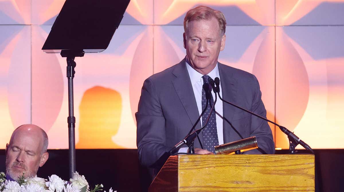 NFL Commissioner Roger Goodell speaks during the Pro Football Hall of Fame's 2024 Enshrinees Gold Jacket Dinner at the Canton Civic Center, Friday, Aug. 2, 2024.