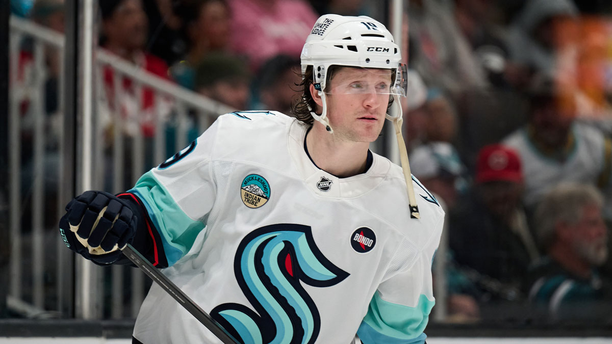 Seattle Kraken left wing Jared McCann (19) skates on the ice against the San Jose Sharks during the second period at SAP Center at San Jose.