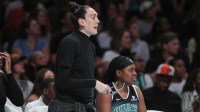 New York Liberty forward Breanna Stewart (not in uniform) reacts to a call from the bench in the third quarter against the Dallas Wings at Barclays Center.