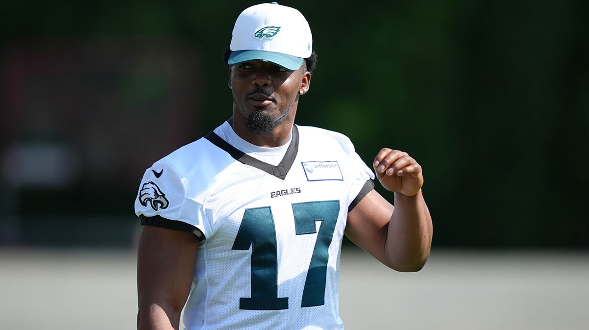 Philadelphia Eagles linebacker Nakobe Dean (17) looks on during training camp at NovaCare Complex.