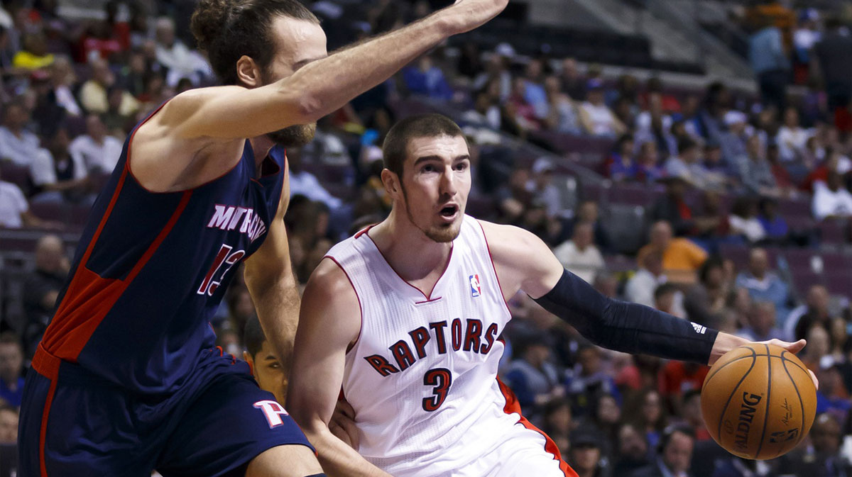 Toronto Raptors guard Nando de Colo (3) dribbles around Detroit Pistons forward Luigi Datome (13) in the second quarter at The Palace of Auburn Hills.