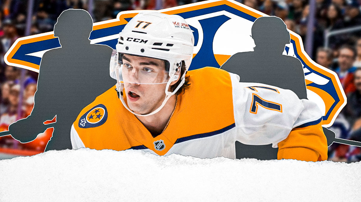 Luke Evangelista in the center with two mystery players. Predators logo in the background.