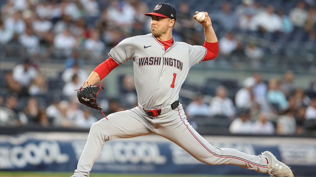 Washington Nationals starting pitcher MacKenzie Gore (1) pitches in the first inning against the New York Yankees at Yankee Stadium.