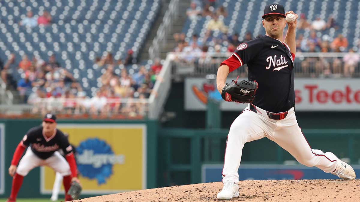 Washington Nationals starting pitcher MacKenzie Gore (1) pitches against the Athletics during the second inning at Nationals Park. Nationals make MLB history for all the wrong reasons as MacKenzie Gore blasts team’s pitching woes; Cade Cavalli steps in for next start.