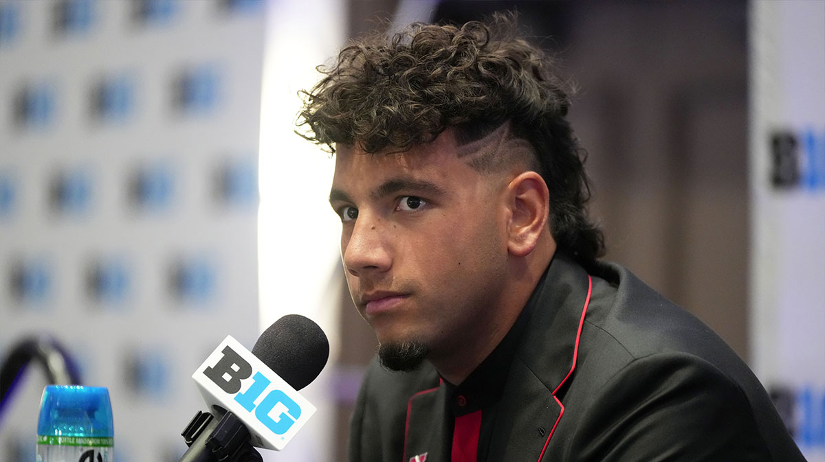 Nebraska quarterback Dylan Raiola speaks to the media during the Big Ten NCAA college football media days at Mandalay Bay Resort.