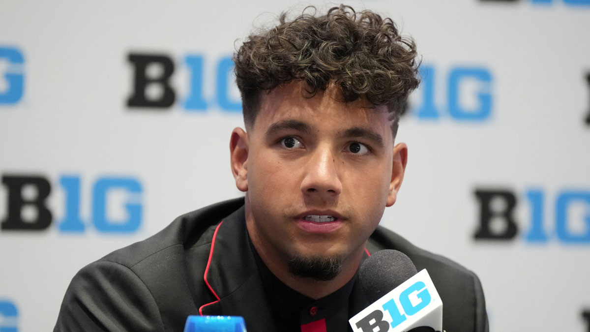 Nebraska quarterback Dylan Raiola speaks to the media during the Big Ten NCAA college football media days at Mandalay Bay Resort.