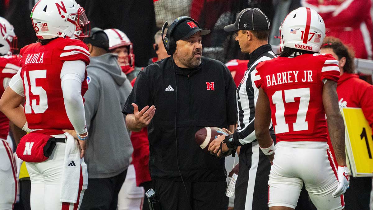 Nebraska Cornhuskers head coach Matt Rhule talks with an official against the UCLA Bruins during the fourth quarter at Memorial Stadium.