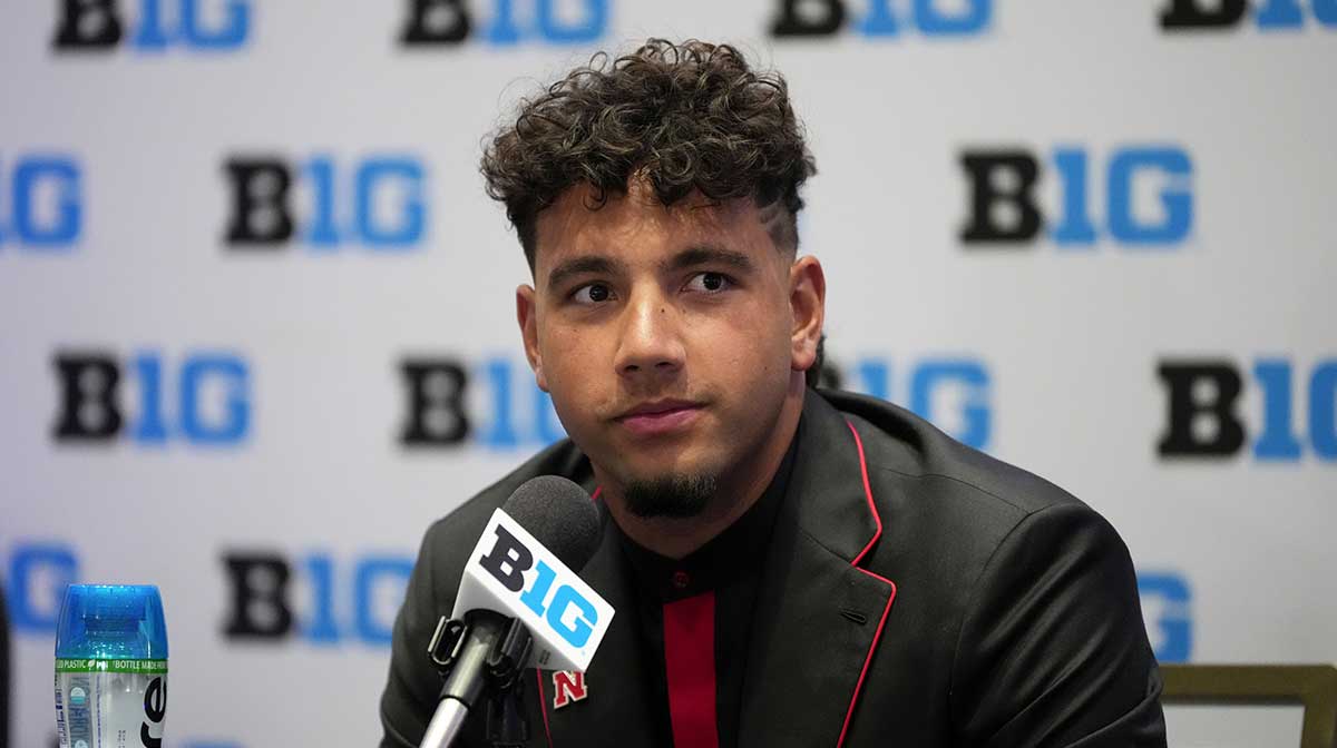 Nebraska quarterback Dylan Raiola speaks to the media during the Big Ten NCAA college football media days at Mandalay Bay Resort.