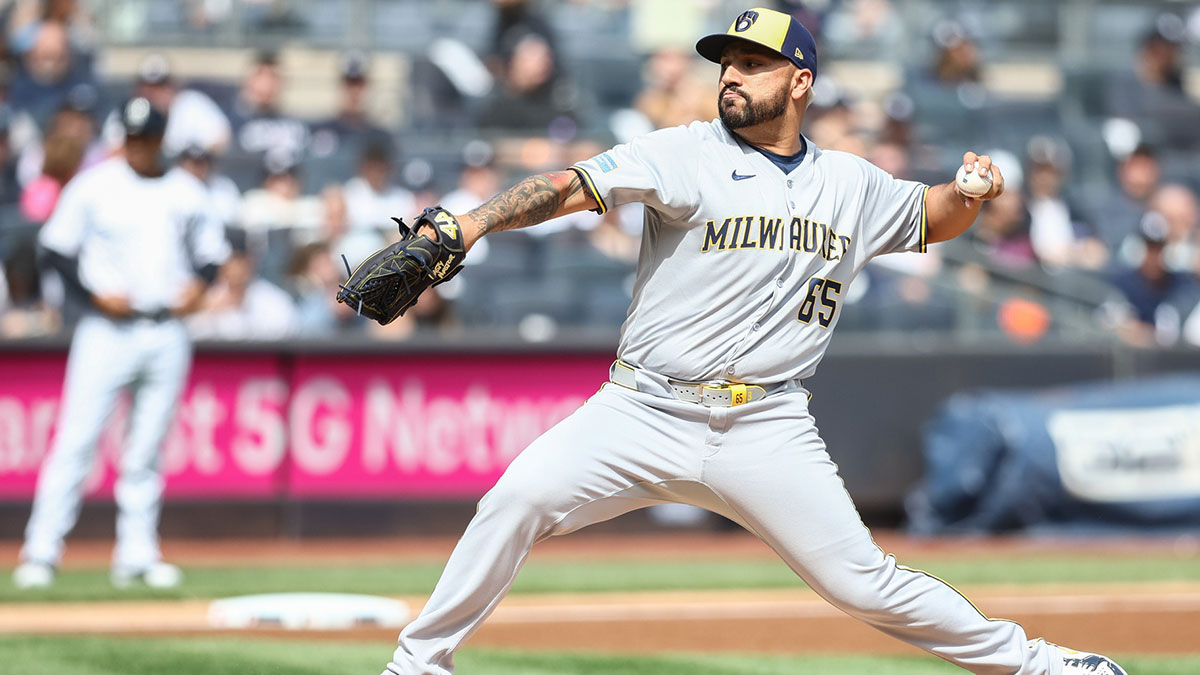 Milwaukee Brewers starting pitcher Nestor Cortes (65) pitches in the first inning against the New York Yankees at Yankee Stadium.