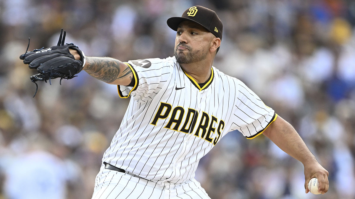 Aug 23, 2025; San Diego, California, USA; San Diego Padres starting pitcher Nestor Cortes (65) delivers during the first inning against the Los Angeles Dodgers at Petco Park.