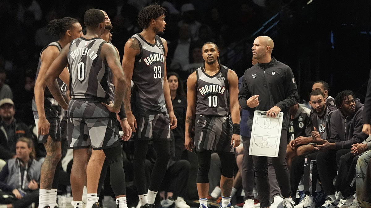 Apr 3, 2025; Brooklyn, New York, USA; Brooklyn Nets head coach Jordi Fernandez speaks to his players at a break in the action during the first half against the Minnesota Timberwolves at Barclays Center. Mandatory Credit: Gregory Fisher-Imagn Images
