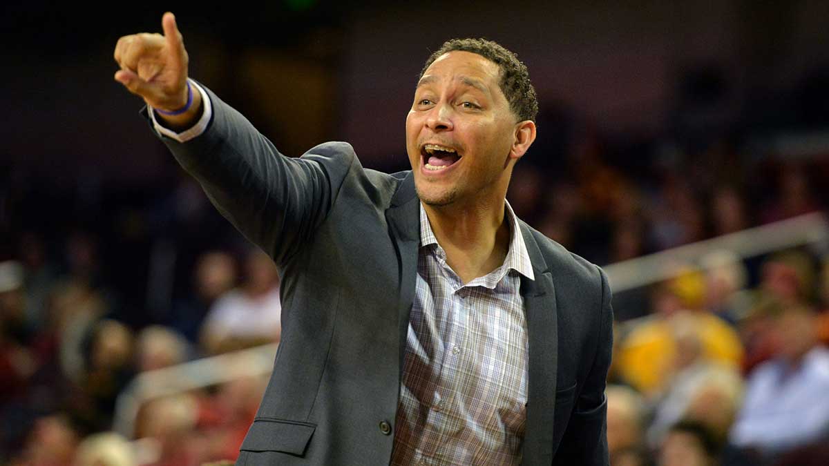 Southern California Trojans associate head coach Tony Bland reacts during a NCAA basketball game against the Cal State Northridge Matadors at Galen Center. USC defeated CSUN 96-61.