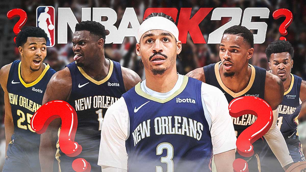 New Orlean Pelicans NBA 2K26 ratings that are 100% wrong. Trey Murphy III, Zion Williamson, Jordan Poole, Yves Missi, Dejounte Murray in the Pelicans jersey with the 2k26 logo at the top with a single question mark in the whole creative.