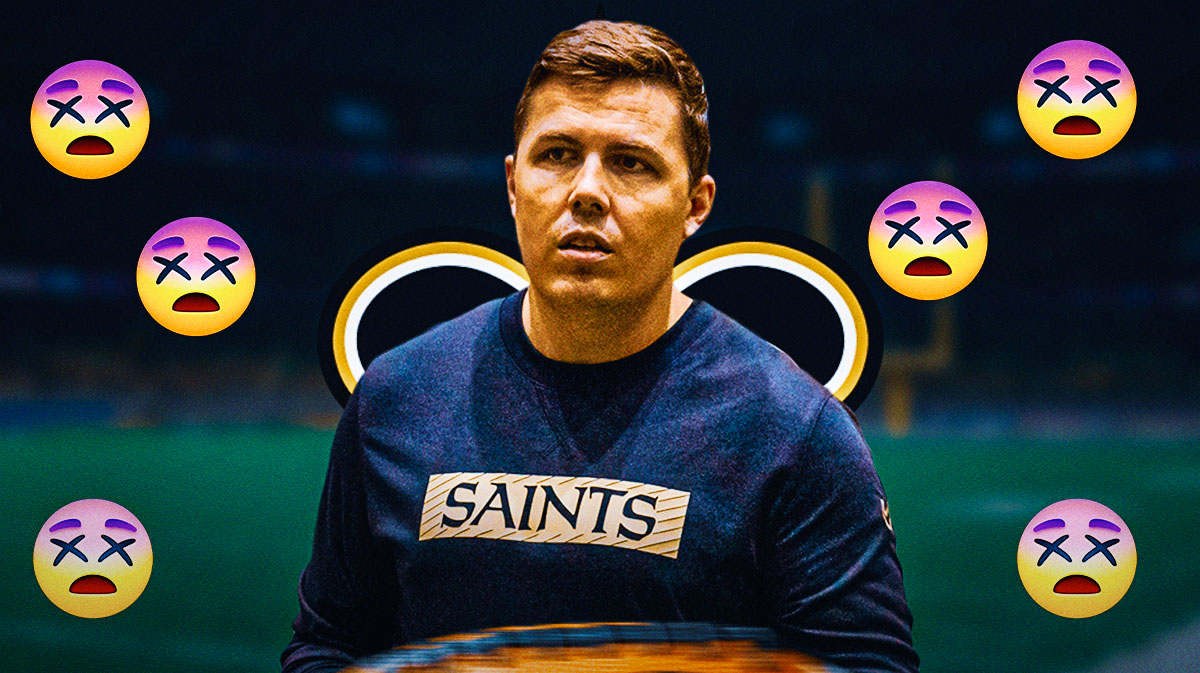Kellen Moore in the middle with 😵 emojis around him, New Orleans Saints logo in the background