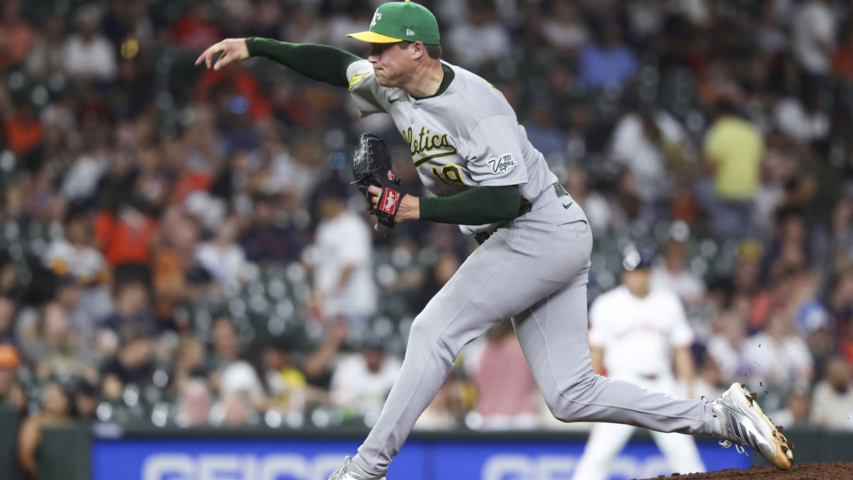 Athletics relief pitcher Mason Miller (19) delivers a pitch during the ninth inning against the Houston Astros at Daikin Park.