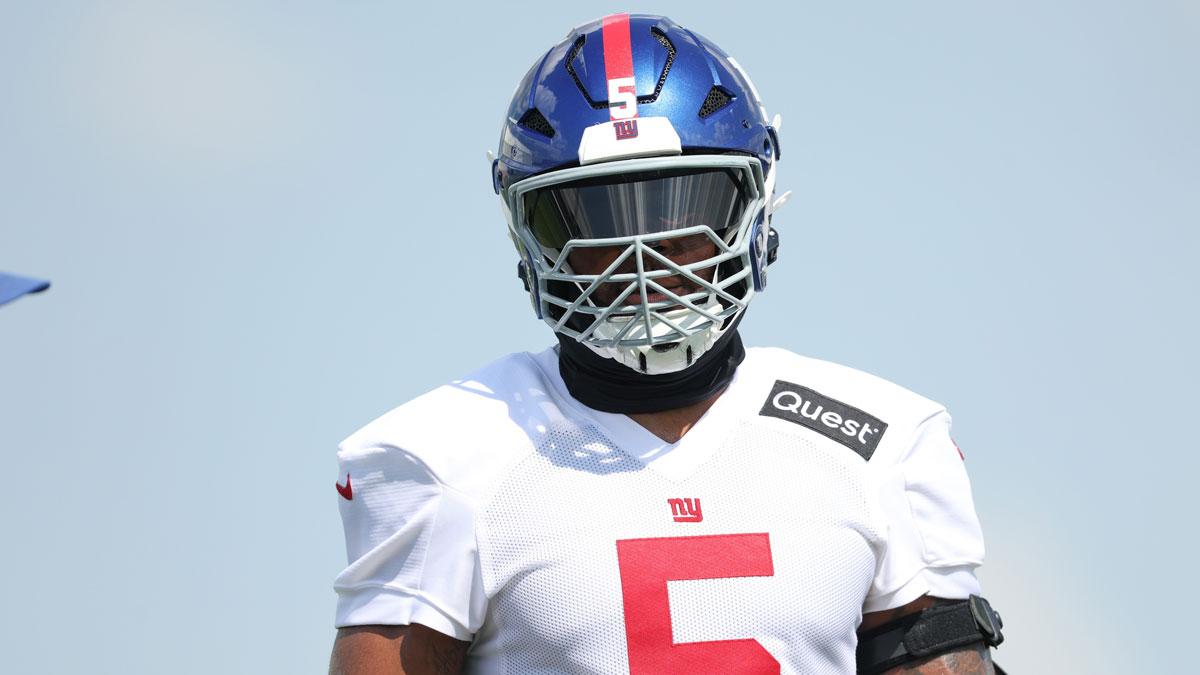 New York Giants linebacker Kayvon Thibodeaux (5) on the field during training camp at Quest Diagnostics Training Center.