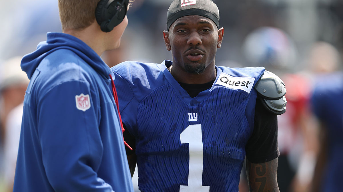 New York Giants wide receiver Malik Nabers (1) on the field during training camp at Quest Diagnostics Training Center.