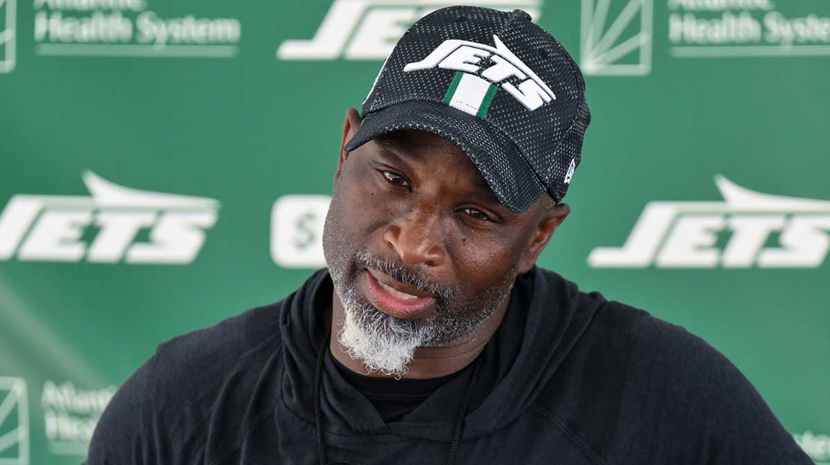 New York Jets head coach Aaron Glenn speaks to the media during training camp at Atlantic Health Jets Training Center.