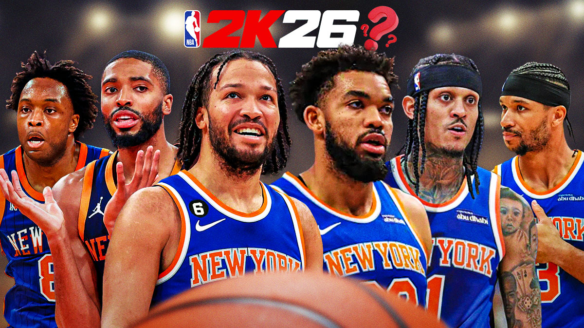 New York Knicks NBA 2K26 ratings that are 100% wrong. Jalen Brunson, Towns, Mikal Bridges, OG Anunoby, Josh Hart, and Jordan Clarkson in the Knicks jersey with the 2k26 logo at the top with a single question mark.