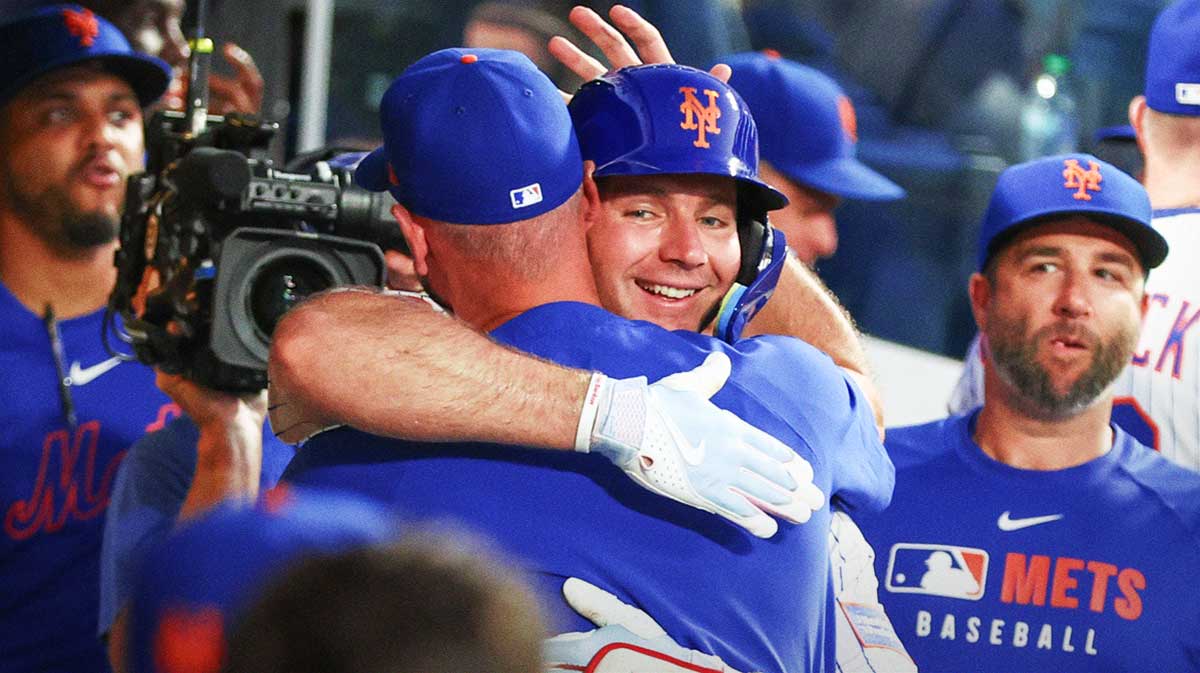 New York Mets first baseman Pete Alonso (20) is greeted in the dugout after hitting a two run home run to become the all time Mets franchise home run leader in the third inning against the Atlanta Braves at Citi Field. Mandatory Credit: Wendell Cruz-Imagn Images