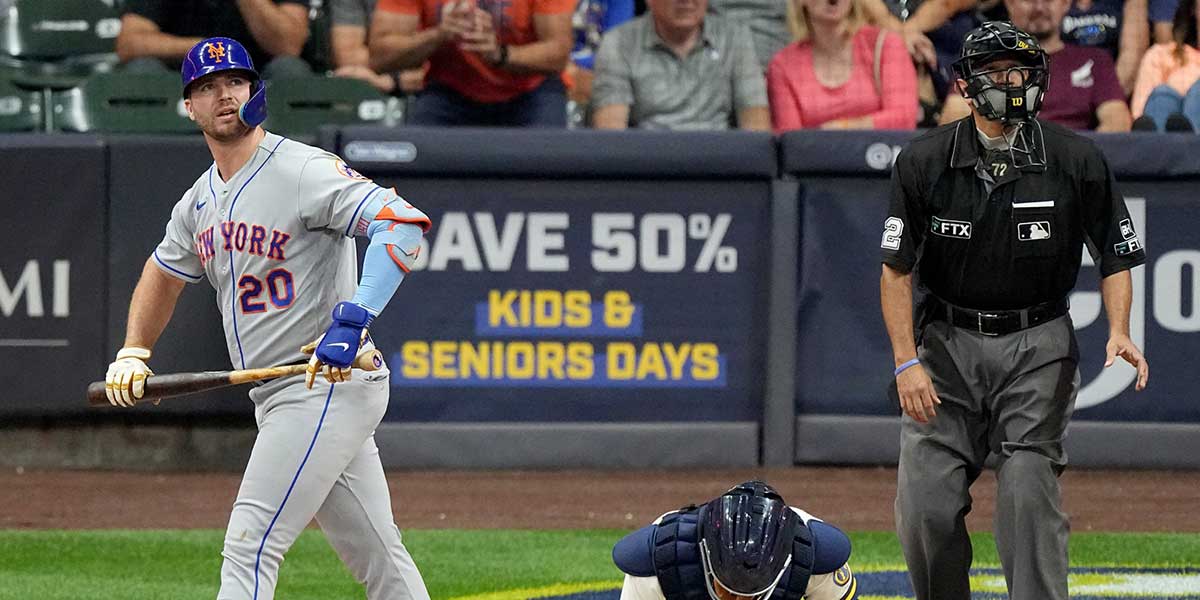 New York Mets first baseman Pete Alonso (20) hits a three-run home run off of Milwaukee Brewers starting pitcher Corbin Burnes during the fourth inning of their game Monday, September 19, 2022 at American Family Field in Milwaukee, Wis. Brewers19 6