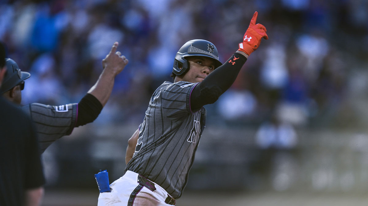 New York Mets outfielder Juan Soto (22) runs the bases after hitting a solo home run against the Miami Marlins during the fourth inning at Citi Field.