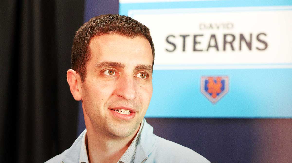 New York Mets president of baseball operations David Stearns talks with media at George M. Steinbrenner Field. Mandatory Credit: Kim Klement Neitzel-Imagn Images