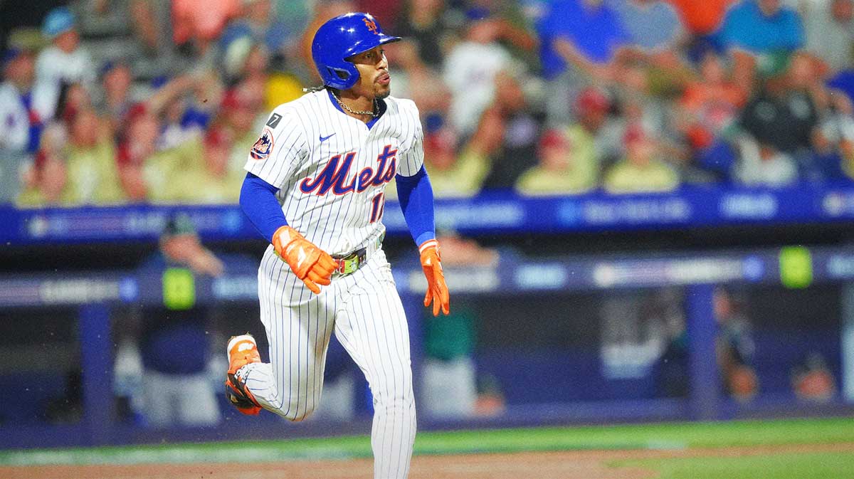 New York Mets infielder Francisco Lindor (12) runs to first after hitting an RBI double against the Seattle Mariners in the fifth inning at Journey Bank Ballpark at Historic Bowman Field