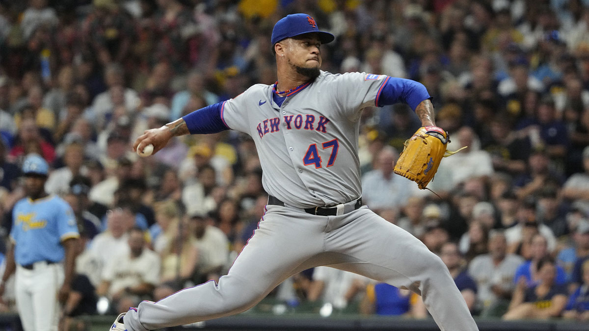 New York Mets pitcher Frankie Montas (47) delivers a pitch against the Milwaukee Brewers in the second inning at American Family Field.