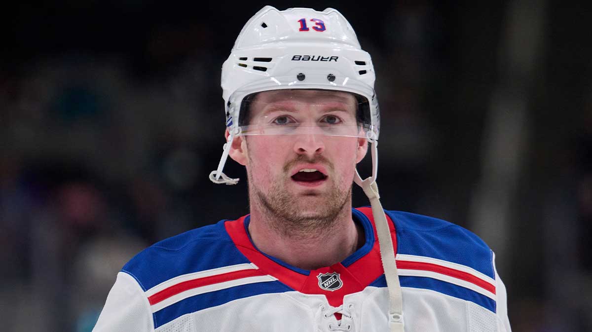 New York Rangers left wing Alexis Lafreniere (13) warms up before the game against the San Jose Sharks at SAP Center at San Jose.