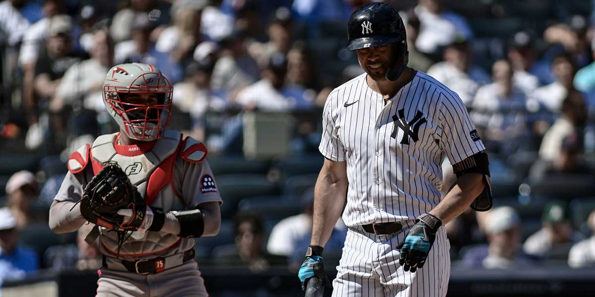 New York Yankees designated hitter Giancarlo Stanton (27) reacts after striking out against the Boston Red Sox during the sixth inning at Yankee Stadium.