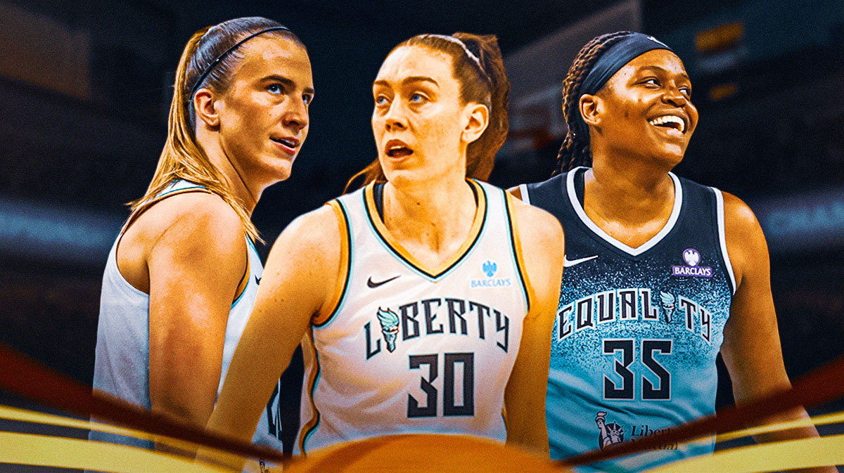 Sabrina Ionescu, Breanna Stewart, Jonquel Jones New York Liberty with gold stripe beneath them