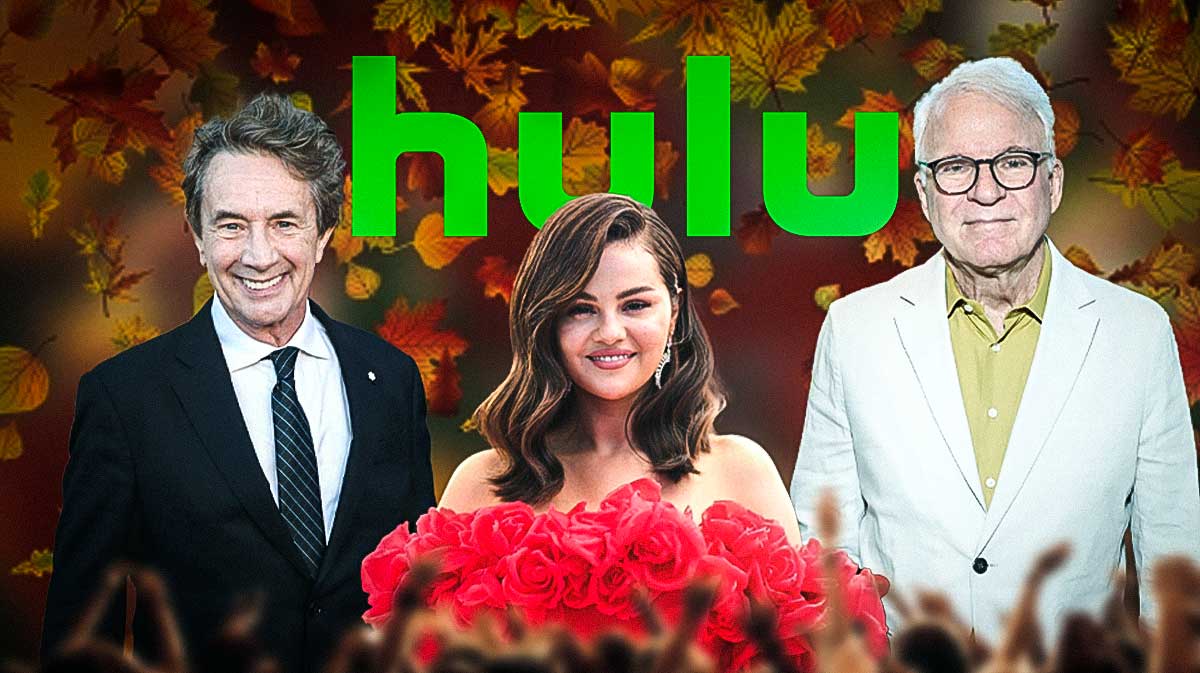 Only Murders in the Building stars Martin Short, Selena Gomez, and Steve Martin with Hulu background.